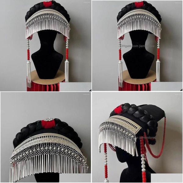 Cabelo Clipes Barrettes Decorativo Head-Dress Chinês Yi Tradicional Handmade Hat Metal Tassel Crown Acessórios Drop Delivery Jóias Ha Dhvdb