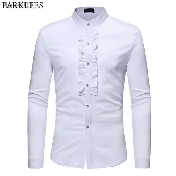 Camisas masculinas Plus Tees Polos Mens Ruffle Smoking Vestido 2018 Brand New Slim Fit Manga Longa Gola Camisa Homens Prom Realizando Casamento Chemise Homme yq240401