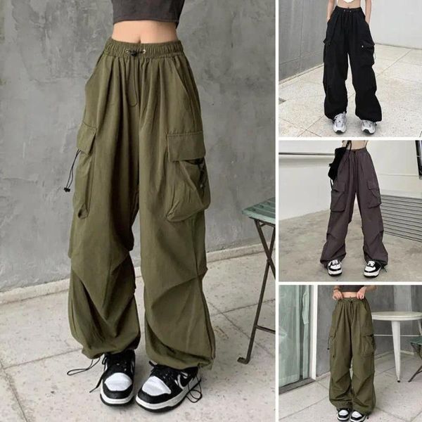 Calças femininas mulheres carga cintura alta vintage solto streetwear baggy jeans retro bolsos desportivos perna larga denim calças macacão