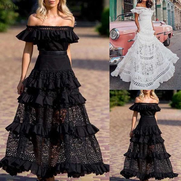 Grundlegende Freizeitkleider Vintage Elegantes Damen Langes Kleid Weiße Spitze Schulterfrei Lotusblatt Hohl Sommer Retro Party Big Loose Swing yq240402