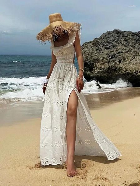 Günlük elbiseler kare yaka beyaz dantel yaz tank elbisesi kadınlar seksi sırtsız maxi uzun sundress tatil pamuklu slip vestidos parti