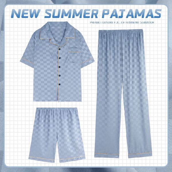 Sommer Männer Pyjama Set Seide Nachtwäsche Kurzarm Satin Nachtwäsche Schlaf Kleidung Bequeme Weiche Große Größe Homewear Nachthemden S240401