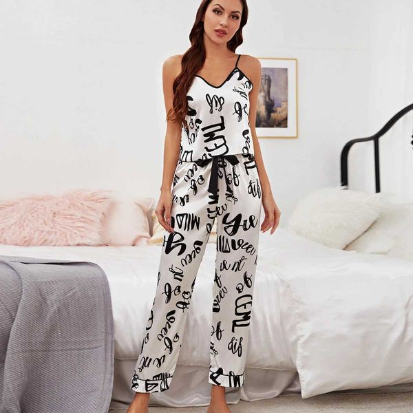 RORV Sexy Pajamas 2023 2PCS Женское платье для вечеринки атласная пижама набор сексуальная в горошек -точка пижама для сонной одежды Sling Top+брюки Homewear шелк мягкий роскошный ночной ночной ночной 2404101