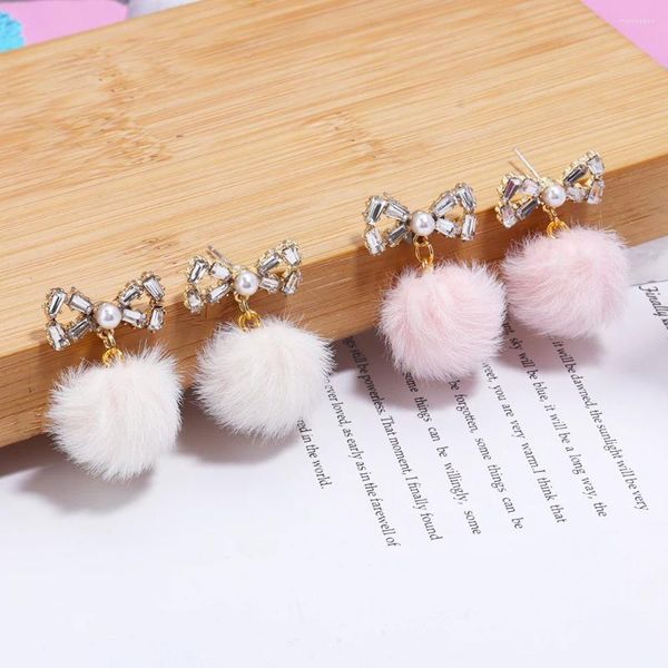 Orecchini con perno 1 paio 21x10mm lega di perle bowknot palla di velluto simpatico cartone animato versatile stile alla moda gioielli con fascino per le donne