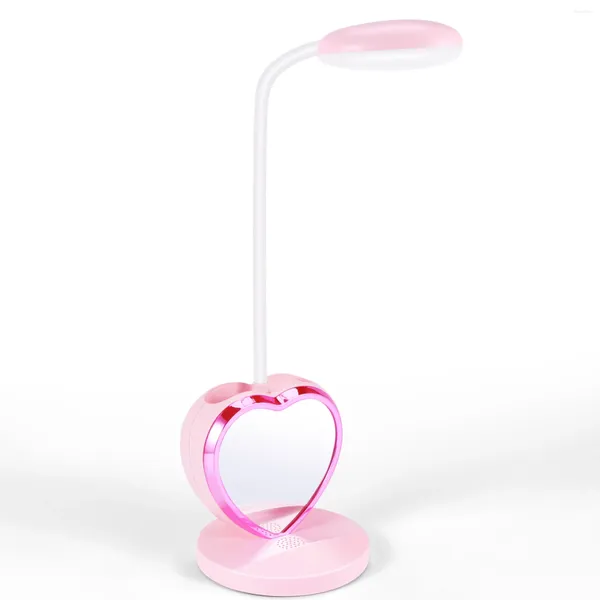 Lampada da scrivania a LED per ragazze ricaricabile con porta di ricarica USB, portapenne, dimmerabile, rosa