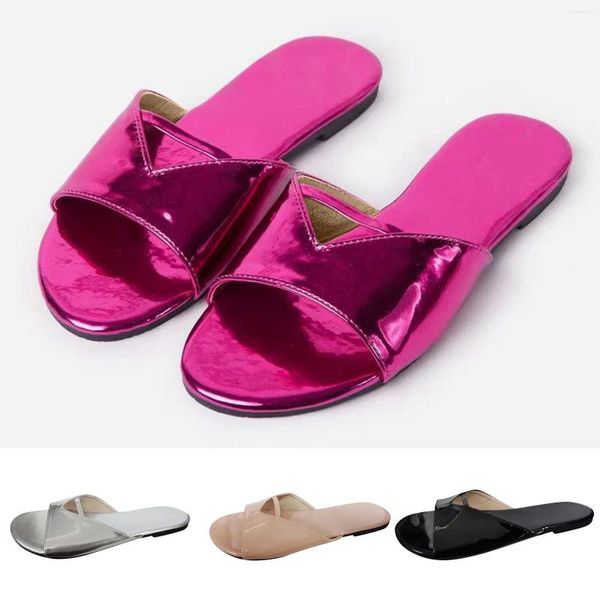 Chinelos de verão couro casual toe aberto boêmio plana mulheres moda sapatos dobrados chinelo feminino faux para mulheres