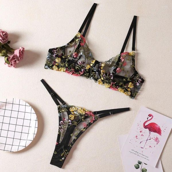 Conjuntos de sutiãs Floral Bordado Lingerie Set Mulheres Sheer 2 peças Boho Bra Panty Underwear Intimates