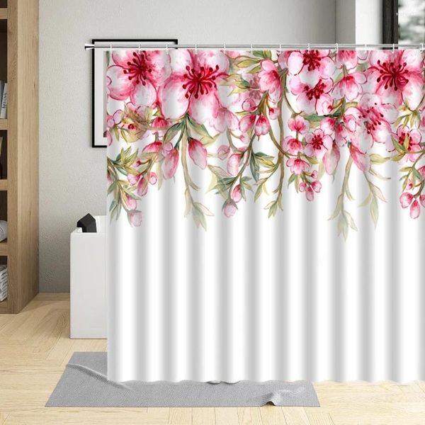 Duschvorhänge, Pflanzen-Blumen-Vorhang, rosa Pfirsichblüte, grünes Blattmuster, Badezimmer, Polyester, ästhetische Kunst, Heimdekoration