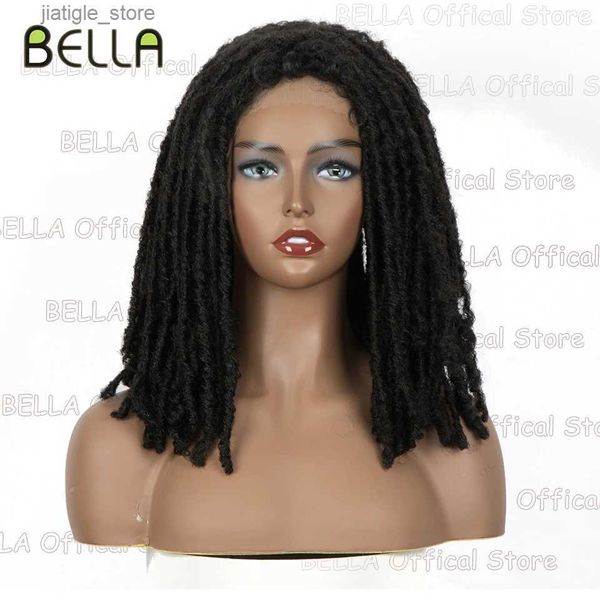 Sentetik peruklar bella kıvırcık saç sentetik dantel peruk örgülü dreadlock sahte saç perukları Siyah kadınlar için 14 inç garip kıvırcık saç sentetik ön peruk y240401