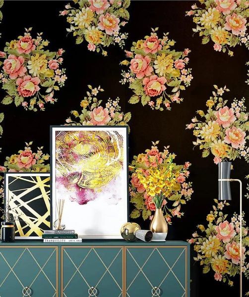 Sfondi Carta da parati vintage peonia floreale a buccia e bastone Carta da parati autoadesiva nera rimovibile Adesivo decorativo per mobili per la casa