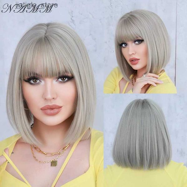 Parrucche sintetiche Namm Ash Blonde Colore Short Bob Wigs Donne Parrucche sintetiche con scoppi femminile per capelli resistenti al calore resistenti alle parrucche naturali dritte Y240401