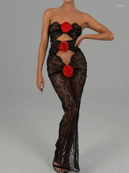 Vestidos casuais sexy strapless 3d flores oco para fora vestido longo mulheres laço preto perspectiva floral magro elegante noite vestidos de festa