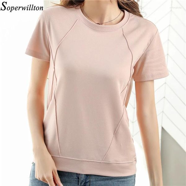 Mulheres Camisetas 2024 Moda T-shirt Feminino Algodão Manga Curta Verão Mulheres Camiseta Rosa Branco Azul Slim Soft Ladies Tops Office Lady