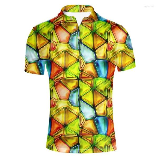 Erkek Polos Renkli 3D Baskılı Blok Geometri Polo Gömlek Kişilik Yaz Kavur Tshirts Erkek Sokak Kısa Kollu Üstler Düğme Tişört