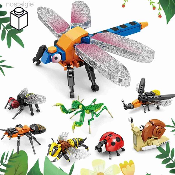 Blocos de insetos e insetos blocos de construção brinquedos beetle mantis abelha caracol bloco insetos conjunto para crianças cérebro jogo puzzle brinquedo animais presente 240401