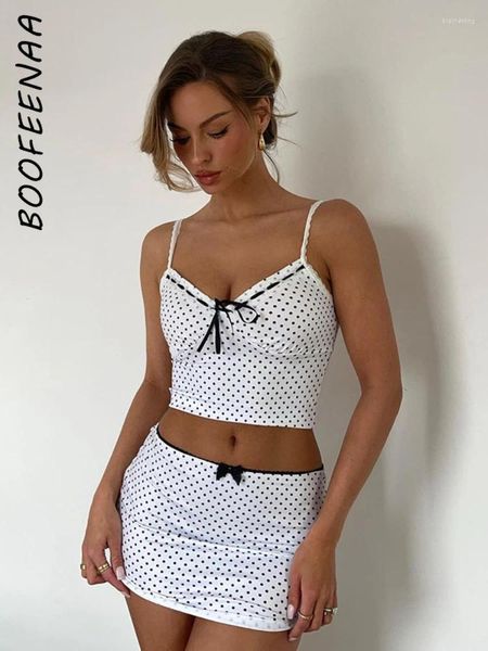 Vestidos de trabalho BOOFEENAA Polka Dot Print 2 Piece Define Mulheres Outfit Bow Lace Trim V Neck Crop Top Mini Saia Roupas de Verão 2024 C95-BF17