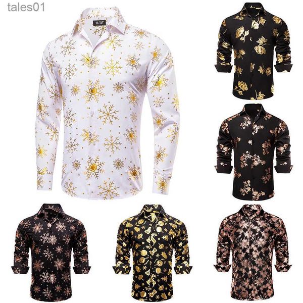 Homens Plus Tees Polos Hi-Tie Camisas Mens Natal Branco Ouro Seda Manga Longa Lapela Camisa Primavera Outono Blusa Slim para Masculino Business Party Designer YQ240401