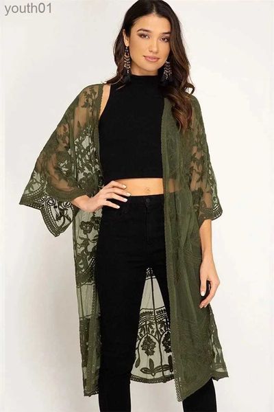 Basic Casual Kleider Sommer Frauen Spitze Häkelbikini Lady Deckbedeckung Kimono Strickjacken Badebad Kaftan Badeanzug Langarm Urlaub Strandkleid YQ240402