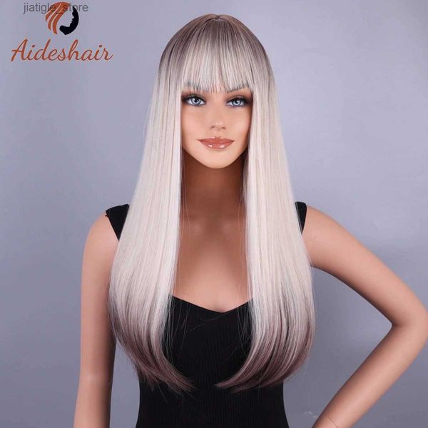 Синтетические парики Emmor Long Platinum Blonde White Wig с ударом для женщин Натуральные прямые теплостойкие волокно Синтетические волосы Y240401