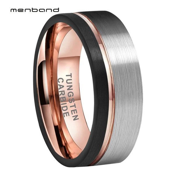 Bande anelli di fidanzamento in tungsteno in oro rosa nera per uomini donne offset scanalati e spazzolati da 8 mm di comfort