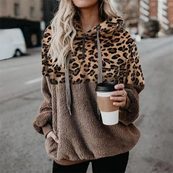 Felpe con cappuccio da donna Autunno Donna Stampa leopardata Tasca con cerniera Camicetta Manica con cuciture Maglione in peluche Felpa con cappuccio da donna alla moda Abbigliamento donna