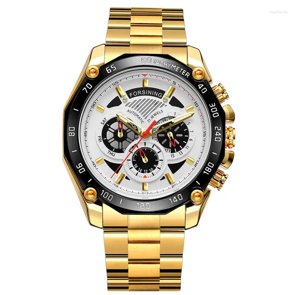 Relógios de pulso Jin Aço Branco Luxo Ditong Na Ponteiro Vermelho Couro Safira Vidro Mecânico Movimento Automático Homens