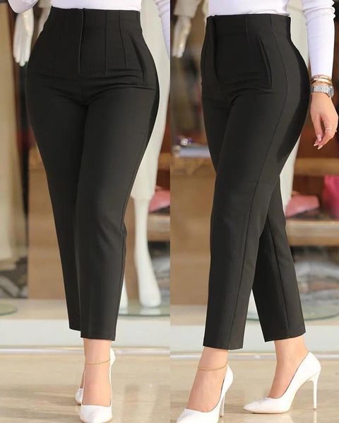 Calças femininas elegante cintura alta trabalho cortado para mulheres preto all-match diário escritório formal wear moda calças 2024