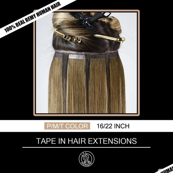 Haarverlängerungs-Kits, Extensions, Tape in Human, 100 % echtes Remy, Yage-Highlights-Farbe, 2,0 g/Stück, 16, 18, 20, 22, Drop-Delivery-Produkte Dh3Gm