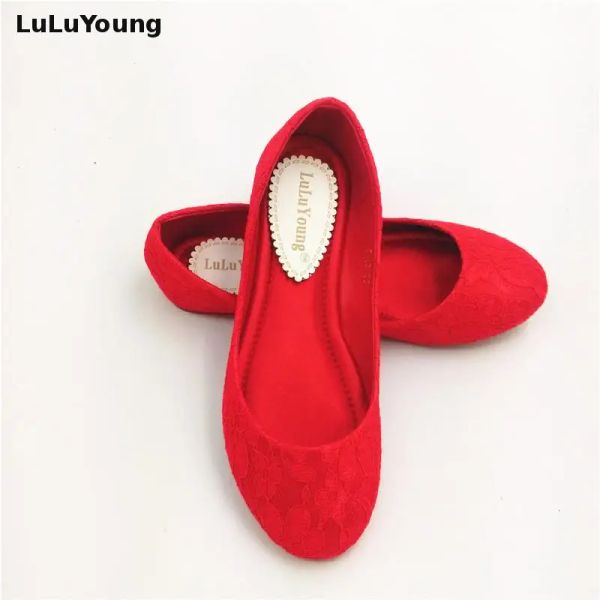 Flats Women Red Wedding Shoes Female Lady Flat Frat Sposato in pizzo Scarpe da sposa Sy470