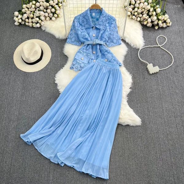 Arbeitskleider JAMERARY 2024 Sommer Designer Blumenstickerei Zweiteilige Damen-Sets Urlaub Spitzenhemden Lange Maxi-Chiffon-Röcke Anzüge