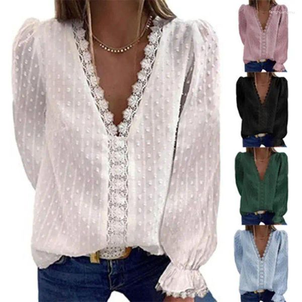 Kadın bluzları moda kadın bluz 2024 dantel patchwork v boyun uzun kollu gündelik zarif gömlekler ve üstleri ofis çalışması artı boyutu şifon