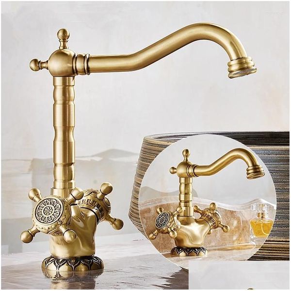 Rubinetti per lavandino del bagno Rubinetto per lavabo Bronzo antico intagliato Doppia maniglia Miscelatore freddo Rubinetto da cucina Lavabo Consegna a goccia Docce da giardino domestico Dhdko