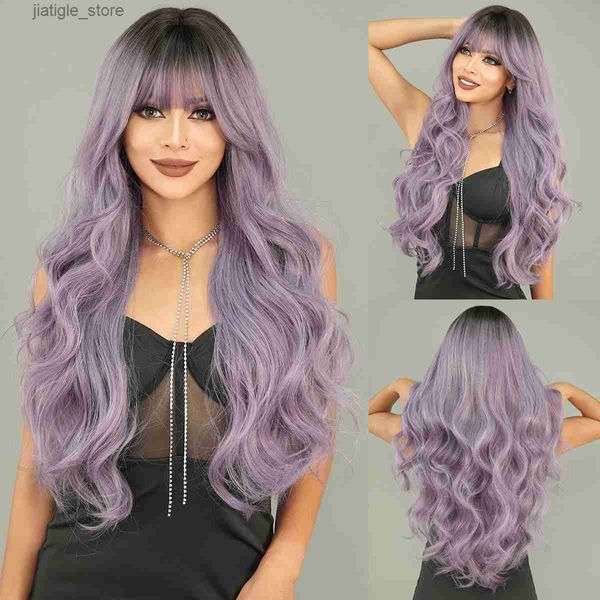 Synthetische Perücken Namm Long Wavy Grey Purple Perücken für Frauen Cosplay täglich Party Overhead Färbung wellige Perücken synthetische Perücken Hitzebeständige Perücken Y240401