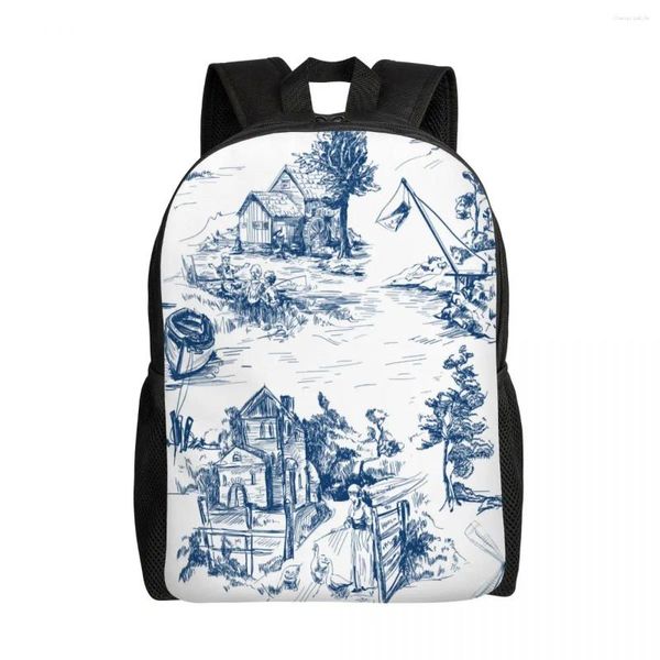 Rucksack Classic French Town Toile Weiß und Blau Farbe 15 Zoll Laptop Casual Schule Reisen