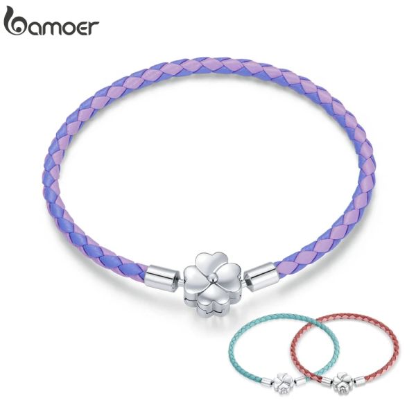 Stränge Bamoer 925 Sterling Silber vier Blattklee Lucky Armband Drei Farbe Echtes Lederarmband Frauen DIY Fein Schmuck