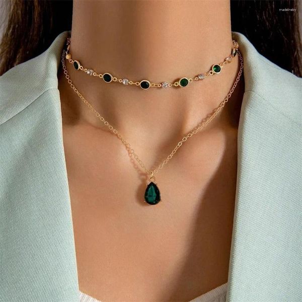 Pingente colares moda boho ouro-placa de cristal corrente verde gota de água feminino colar para mulheres vintage barroco gargantilha jóias presente