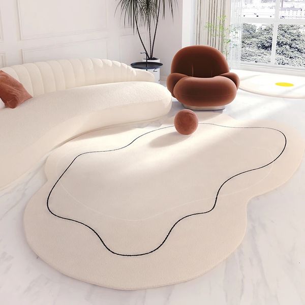 Minimalismo sala de estar tapete macio branco pelúcia forma irregular quarto lounge antiderrapante mesa café personalizado 240401