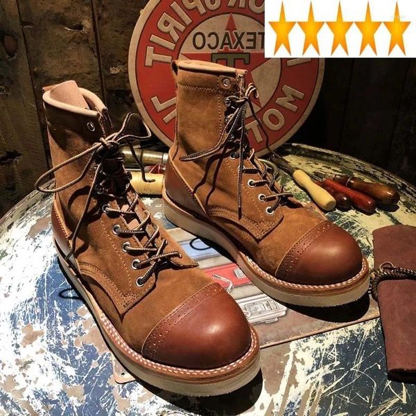 Stiefel Winter Vintage Herren Patchwork 2024 Kuh Wildleder Leder Arbeitssicherheitsschuhe Runde Zehen Knöchel Schnürung Moto Biker High Top