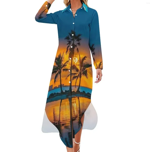 Abiti casual Palme Abito in chiffon Stampa tramonto Stampa femminile alla moda Manica lunga Estetica Scollo a V Grafica di grandi dimensioni