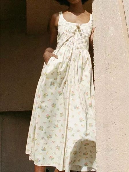 Casual Kleider Plissee Frauen Tank Kleid Bunte Blumen Druck Spitze-up Ärmellose U-ausschnitt Süße Sommer 2024 Weibliche Mid-kalb Roben