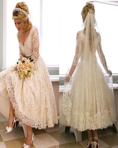 Abito da sposa vintage in pizzo 2019 anni '50 con scollo a V, lunghezza tè, stile country, abiti da sposa corti con illusione 34 maniche, su misura Che4794479