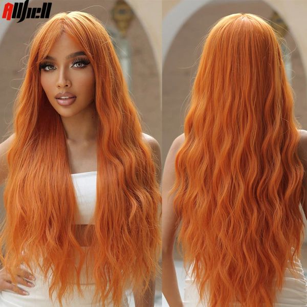 Perucas laranja cor de cobre longo encaracolado onda solta peruca sintética cosplay cabelo para mulheres com franja peruca traje de halloween resistente ao calor