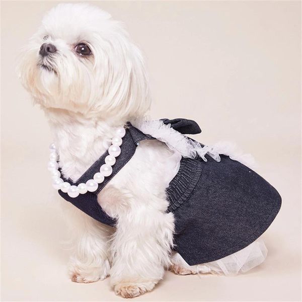 Vestuário para cães Pet Denim Dress com bonito arco-nó confortável colete saia renda guarnição tutu roupas para gatos