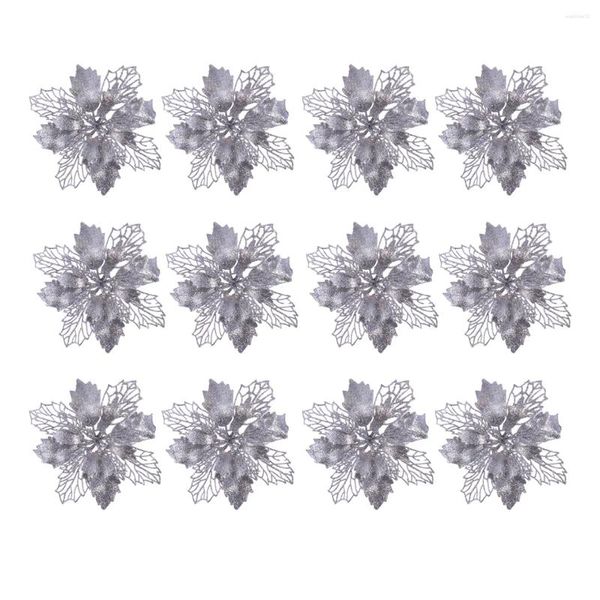 Fiori decorativi 12 pezzi Glitter Poinsettia artificiale Plettri per ghirlande natalizie Ghirlanda Decorazione natalizia (Argento)