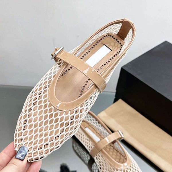 Designer Sandalen Frauen Fischnetz Ballerinas Slides Schwarzer Stoff Spitze Zehe Klassische Loafer Schnalle Sommer Freizeitschuhe mit Box 505