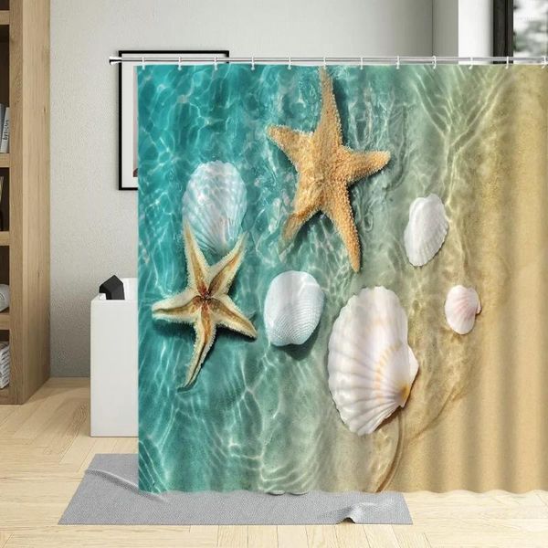 Tende da doccia Mare Spiaggia Natura Scenario Bagno Cielo blu Stelle marine Onde Spindrift Stampa Tenda impermeabile per la decorazione domestica