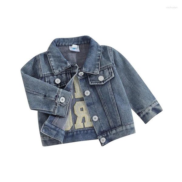 Giacche Giacca di jeans da neonato Giacca sul retro Lettera ricamata Jeans abbottonati per neonati Colletto rovesciato Cappotto per bambini Capispalla