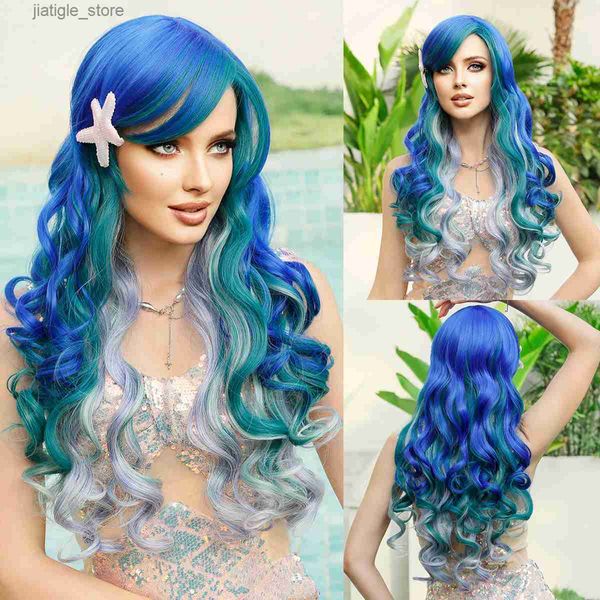 Parrucche sintetiche namme sirena parrucca lunghe blu viola gradiente per donne parrucca sintetica popolare per cosplay quotidiano Halloween Halte densità Capelli Y240401