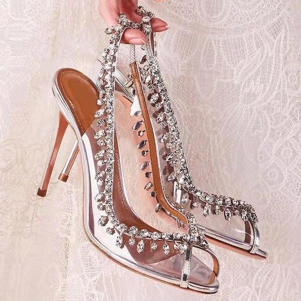 Kleid Schuhe Mode Frauen Pumps Sandalen Sommer Peep Toe Slingback High Heels Strass PVC Transparent Weibliche Party Hochzeit Prom