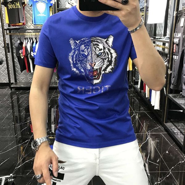 Verão novo masculino algodão penteado manga curta camiseta coreano moda indústria pesada broca quente cabeça de tigre impresso eadd